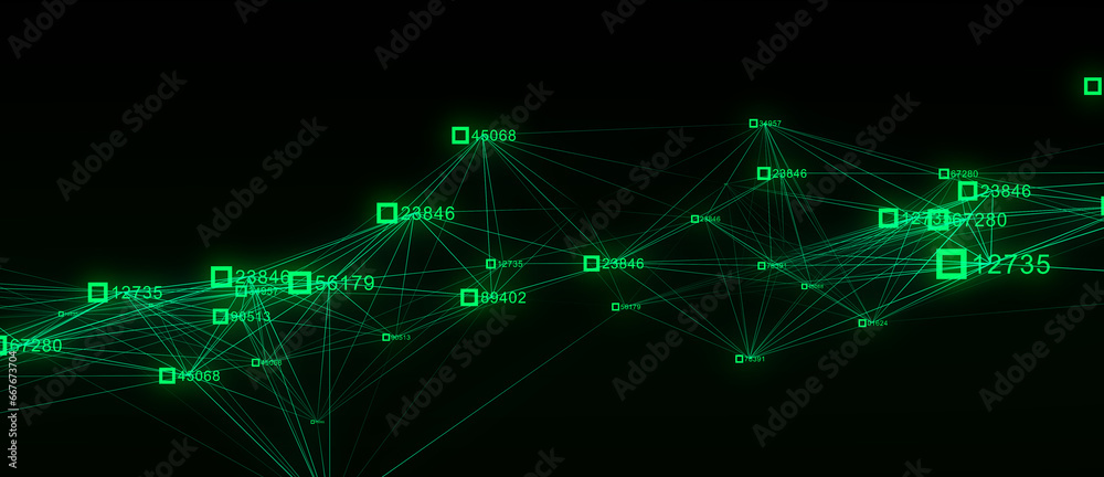 Poster Block chain technology concept. Big data visualization. Artificial intelligence. Green network connection structure. Abstract digital background with matrix. 3d rendering.