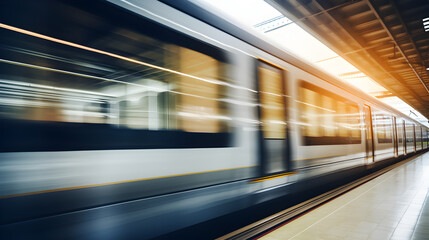 A blurred modern train swiftly moves through a train station.