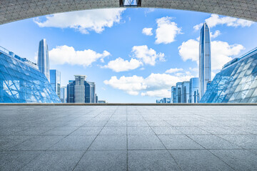 Brick floor and city skyline in Shenzhen