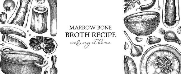 Healthy food background. Marrow bone broth banner. Hot soup on plates, pans, bowls, organ meat, vegetables, marrow bones sketches. Hand drawn vector illustrations. Homemade food ingredient