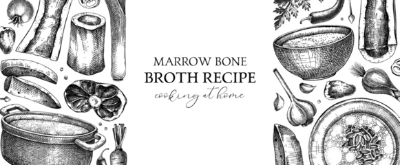 Foto op Aluminium Healthy food background. Marrow bone broth banner. Hot soup on plates, pans, bowls, organ meat, vegetables, marrow bones sketches. Hand drawn vector illustrations. Homemade food ingredient © sketched-graphics