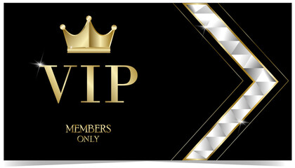 Golden elegant vip card template.Royal design with golden crown. A modern business card for members only. Luxurious abstract invitation on a black background with glass elements. Vector illustration.