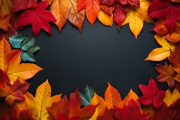 Naklejka na ściany i meble Rustic frame autumn leaves forest. October season. Generate Ai