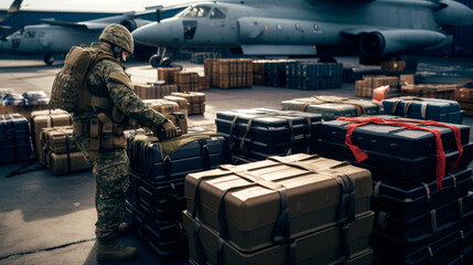 Military Lend lease. Sending military aid. Loading military aircraft with ammunition. AI Generated - obrazy, fototapety, plakaty
