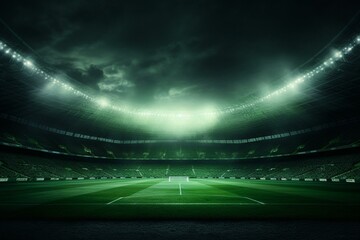 Soccer goal stadium with green lighting. Generative AI - obrazy, fototapety, plakaty
