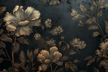 Flower-engraved surface on dark metallic background. Generative AI