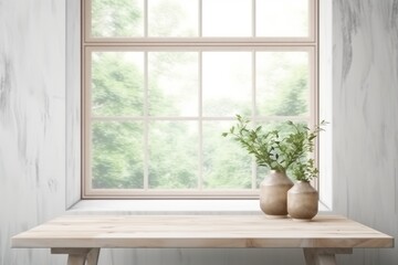 Empty wooden table and window room white interior. modern room with wooden table and home plants