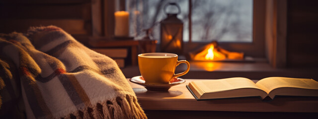 A cozy reading nook with books, a warm blanket, and a steaming cup of tea. Winter banner concept. Generative Ai