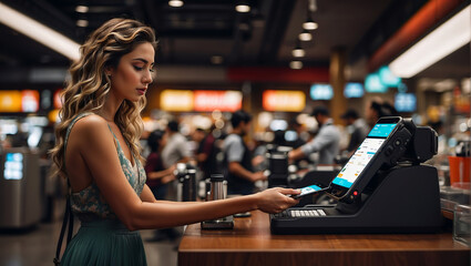 A pretty woman paying with a smartphone at a self-service checkout - obrazy, fototapety, plakaty