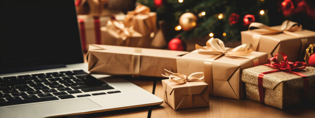 A flat lay of a laptop and wrapped gifts, symbolizing online Christmas shopping. Festive banner concept. Generative Ai - obrazy, fototapety, plakaty