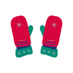 Pair of woolen knitted mittens with snowflakes. Cozy winter gloves isolated on the white background. Flat illustration.