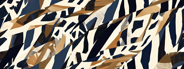 Seamless abstract african safari zebra, tiger stripes kintsugi background pattern. Contemporary geometric tribal diagonal stripe motif ripped fabric collage in navy, beige, brown, white.