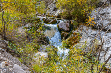 rapids and waterfalls on Gulkamsay creek in Chimgan mountains (Bostanliq district, Tashkent region,...