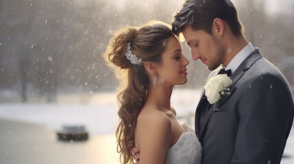Close-up of a couple in wedding attire, standing in a snowy setting. The groom in a tuxedo and the bride with detailed hairpiece look into each other's eyes. - obrazy, fototapety, plakaty
