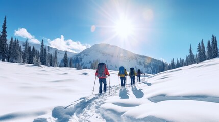 Fototapeta na wymiar Group of hikers journeying through deep snow beneath a radiant sun, with snow-covered mountains and tall pine trees in the background.