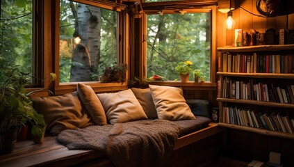 A cozy corner with a soft couch by the window, adorned with cushions and a blanket, alongside a bookshelf with indoor plants.Ecolodge house interior.