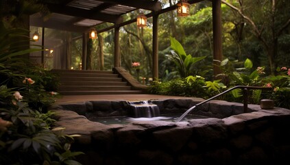 A tropical resort with a jacuzzi surrounded by dense forest and glowing lamps Ecolodge house interior.