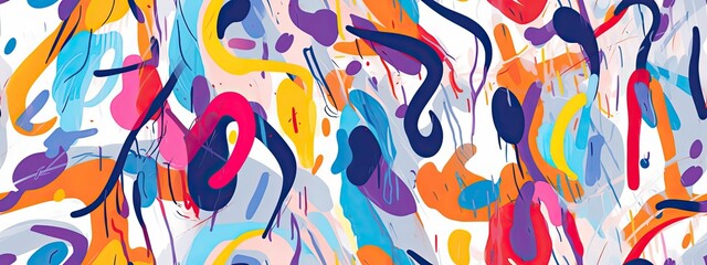 Seamless abstract colorful chaotic messy acrylic paint scribble pattern. Trendy childish squiggly doodle painting line art background