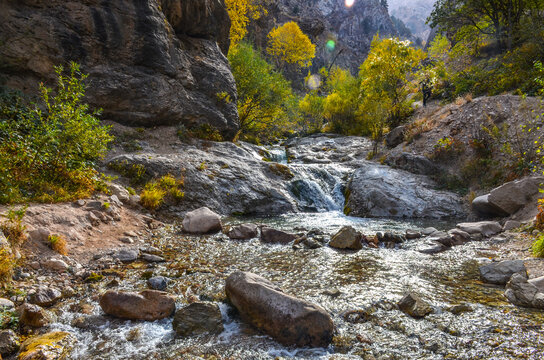 rapids and waterfalls on Gulkamsay creek in Chimgan mountains (Bostanliq district, Tashkent region, Uzbekistan)