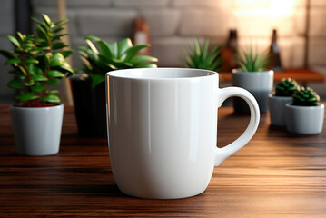 Mockup of a white coffee mug in a cafe, next to potted plants and on a blurry background. Overlays of custom quotes and designs for the sale of mugs