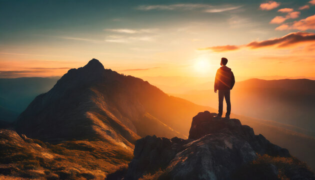 a person standing on top of a mountain at sunset ai generative image