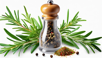 traditional italian pepper shaker and green organic rosemary leaves isolated on white background transparent background and real natural transparent shadow ingredient spice for cooking collection