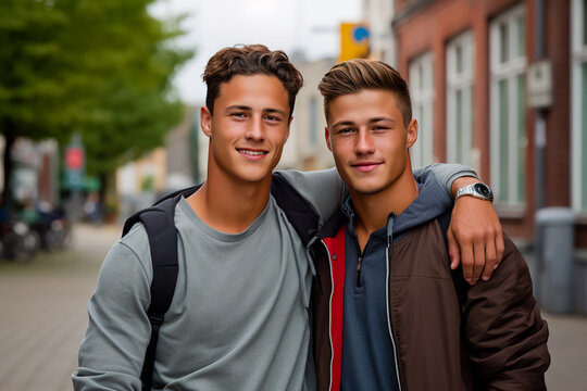 Two young gay guys hugging in the street.