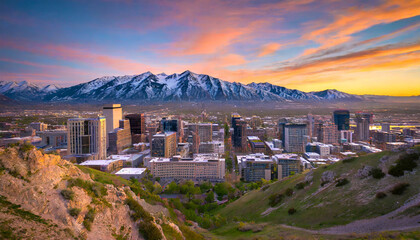 salt lake city skyline at sunset with wasatch mountains in the background utah