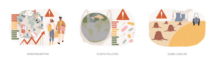Global pollution problem isolated concept vector illustration set. Overconsumption and plastic pollution, global land use, globalization and food production, overpopulation problem vector concept. - obrazy, fototapety, plakaty