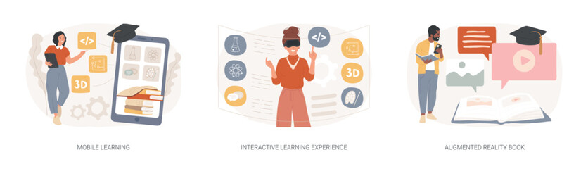 Fototapeta na wymiar Interactive learning isolated concept vector illustration set. Mobile learning, augmented reality book, m-learning application, e-learning platform software, digital content vector concept.