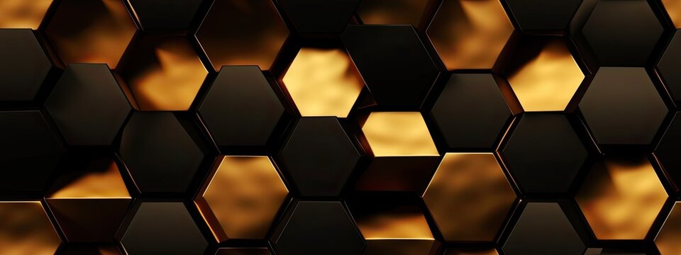 Seamless golden hexagon honeycomb pattern. Vintage abstract gold plated relief sculpture, black background. Modern elegant luxury technology backdrop. Maximalist gilded wallpaper