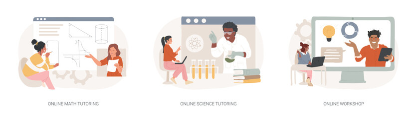 Personalised learning isolated concept vector illustration set. Online math and science tutoring, online workshop, homeschooling, educational platform, video lessons, master class vector concept.