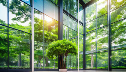 trees and green environment in eco friendly glass office sustainable building