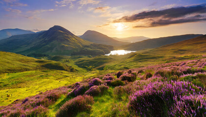 sunset over scottish highlands landscape with purple heather blooms green rolling hills lochs leading to distant mountains beauty generative ai - obrazy, fototapety, plakaty