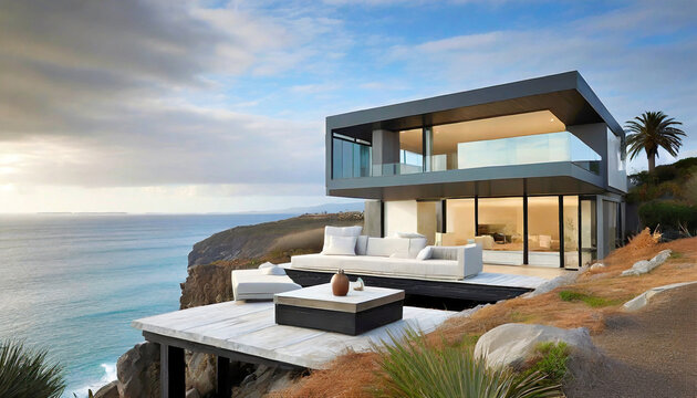 a modern coastal home with a minimalist design on a cliff overlooking the sea outdoor lounge and expansive terraces for enjoying the coastal vistas ideal for background image