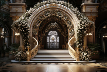 Wedding arch decorated with white flowers for marriage registration