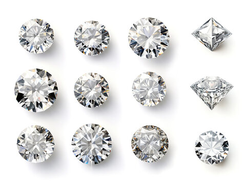 A collection of genuine, precious white diamonds in various shapes and sizes, emitting a radiant sparkle, set against a white background.
