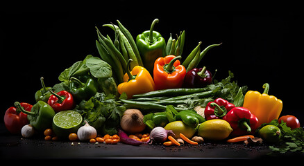 Fresh Asian mix vegetables, Group of various organic vegetables, dark background