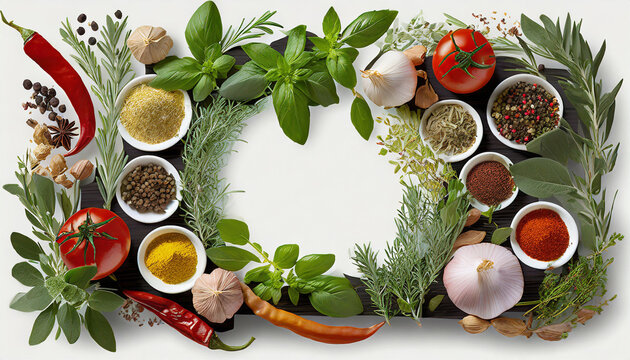 frame border png food design element spices and herbs with real transparent shadow on transparent background variety of spices and mediterranean herbs