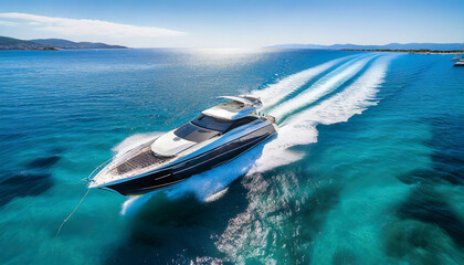 aerial view of a luxury motor boat speed boat on the azure sea in turquoise blue water - obrazy, fototapety, plakaty