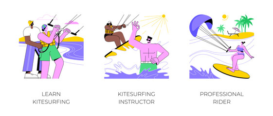 Kitesurfing isolated cartoon vector illustrations set. Water sport lesson, training with instructor at the beach, active holiday, extreme sport, professional rider making trick vector cartoon.