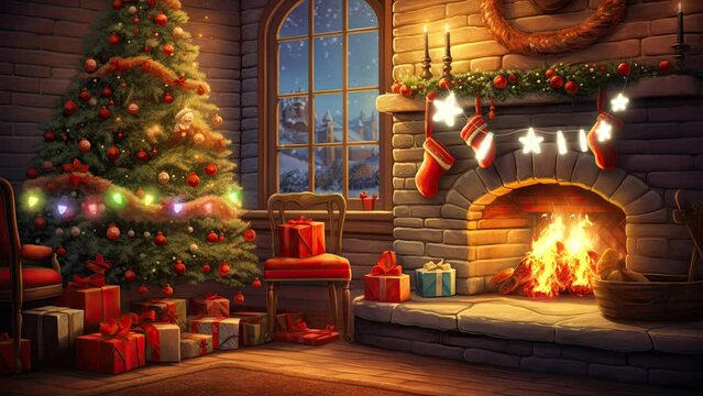 fireplace with christmas decorations. seamless looping time-lapse virtual video animation background.