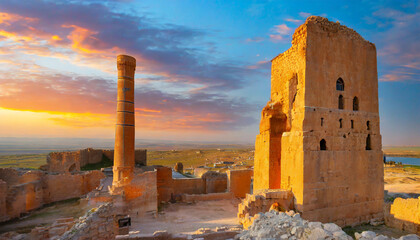 ruins of the ancient city of harran urfa turkey mesopotamia at amazing sunset old astronomy tower