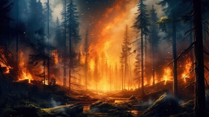 Forest fire in the night. 3D illustration. Nature background.