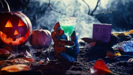 Zombie hand rises glass alcoholic drink. Perfect footage scary halloween party.