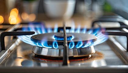 gas burning from a kitchen gas stove blue gas flame on hob closeup selective focus natural