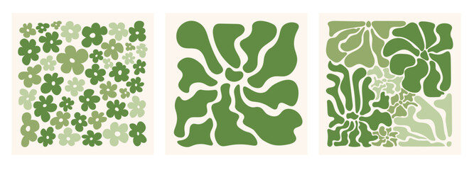 Matisse curves aesthetics. Abstract flower background  set, contemporary floral element, green organic wavy shapes, doodle shapes in trendy naive retro style. Vector illustration 