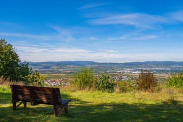 Resting bench with a view of the Rhineland-Palatinate wine region from Laurenziberg/Germany in autumn