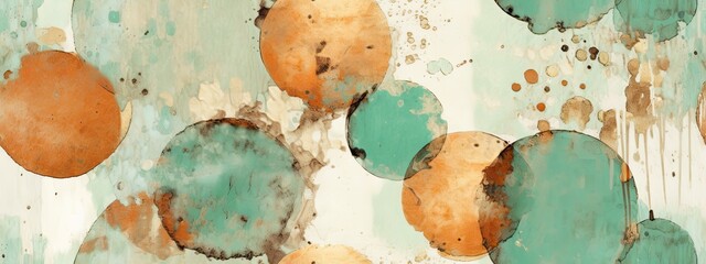 Seamless grungy spray paint splatter polka dot circle blobs background texture, oxidized copper patina mint green orange brown color palette. Vintage creative abstract wallpaper pattern - obrazy, fototapety, plakaty