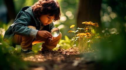 A child explores nature with a magnifying glass. Generative AI, - obrazy, fototapety, plakaty